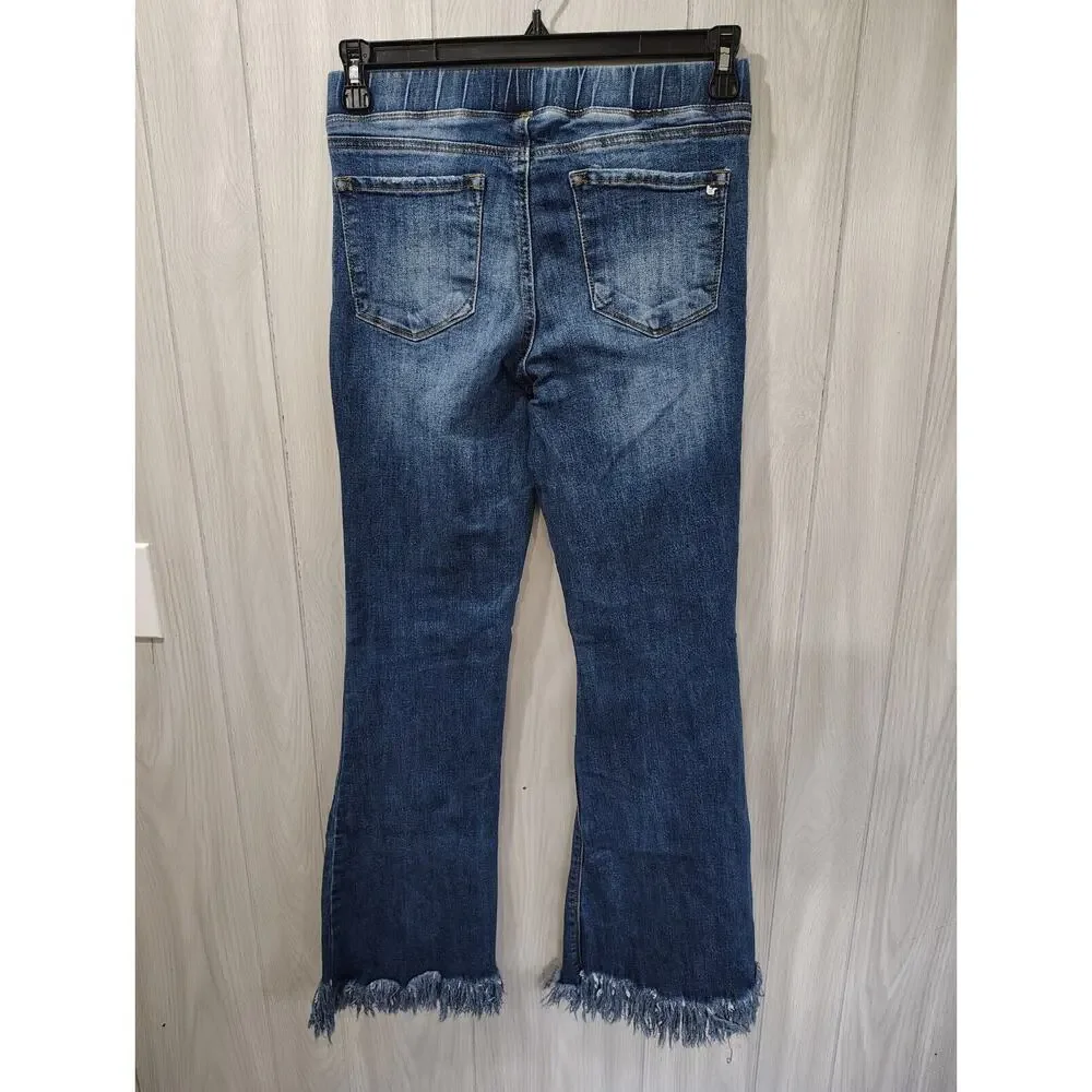 Women's Tricot Distressed Flare Fringes Denim Jeans Size M Boho Retro